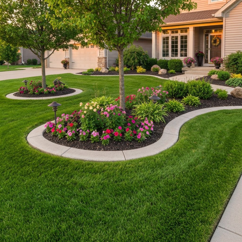 Beautiful decorative concrete curbing around landscaped flower beds